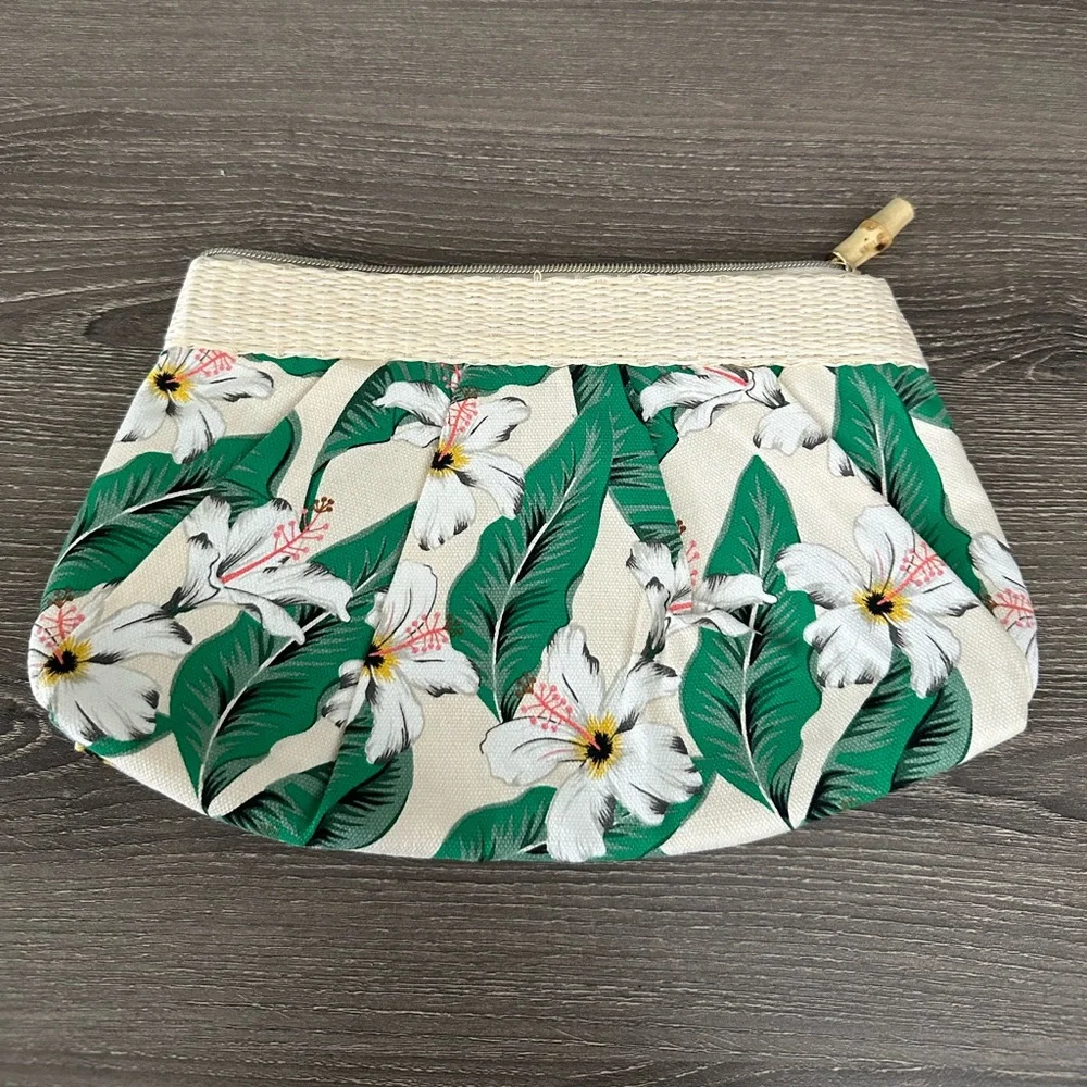 Estée Lauder Tropical Rattan Bamboo Makeup Bag Floral Hibiscus Flower Green